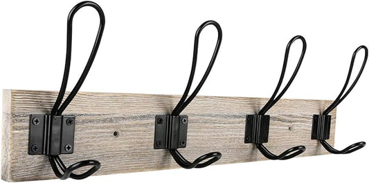 Wall Mounted Coat Rack, Wooden Entryway Vintage Rustic Coat Rack Hat Hanger Rack Zinc die-cast 4-Hook Rail for The Entryway, Bathroom, Bedroom, Kitchen, Mudroom (Pinewood, Metal 4-Hook)