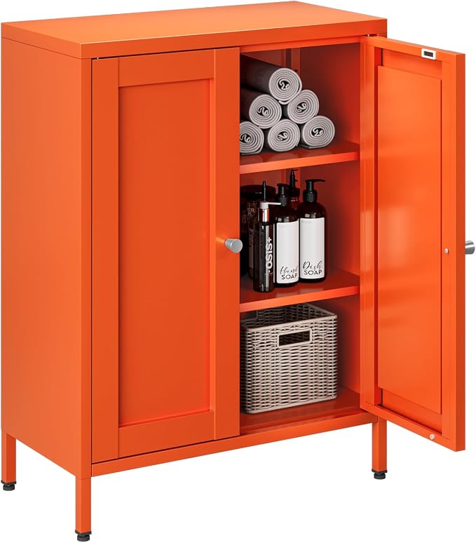 Bevivog Orange Metal Locker Cabinet with 2 Doors and 2 Adjustable Shelves, Small Accent Cabinet Bathroom Floor Storage Cabinets Short Sideboard for Entryway, Living Room, Hallway
