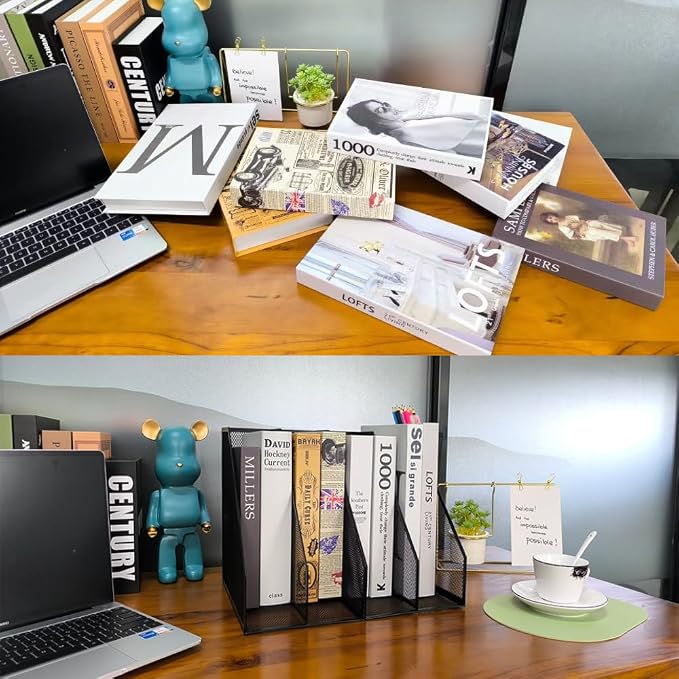 Mesh Desk Organizer Set, 2 Pack Set, with Pen Holder | Metal mesh desktop organizer set. 4-compartment file holder. Space-saving storage for office, home, school, Black
