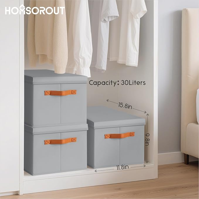 Homsorout Storage Bins with Lids - Large Fabric Closet Bins with Lid, 5 Pack Clothes Organizers and Storage, Collapsible Stackable Cube Basket for Home, Office, Dorm, Grey
