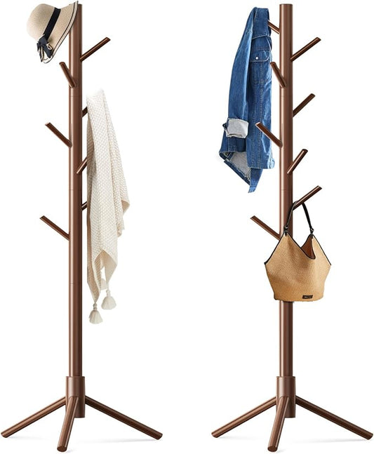 Wooden Coat Rack Freestanding with 8 Hooks,Easy Assembly New Zealand Pine Tree Coat Racks, 3 Adjustable Sizes for Clothes, Hats, Bags, for Entryway, Hallway, Bedroom, Office (Brown, 2 PCS)