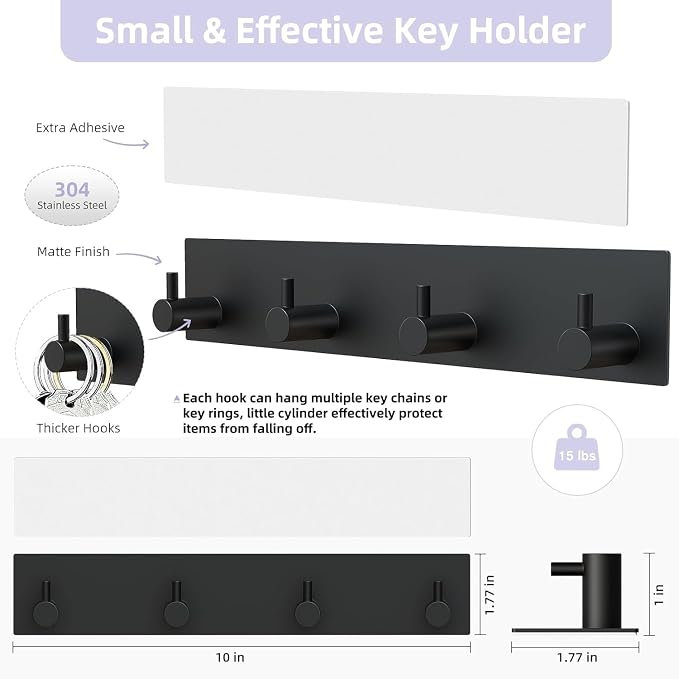 VIS'V Key Holder Wall Mount, Large Adhesive Key Hanger with 4 Hooks, Black | Metal Material, No Drilling, Extra Adhesive Strip, Suitable for Entryway, Hallway, Doorway, Kitchen, Garage, Camper