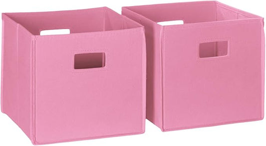 RiverRidge Folding Storage Bins - 2-pack of 10in Tall Pink Cubes | Fabric Bins, Set of 2 Storage Cubes, Cut-out Handles, Playroom Closet Organizer, Collapsible Cubby with Bottom Board Insert