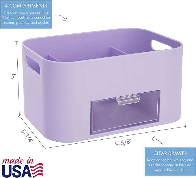 STORi Bliss Lilac Purple Makeup Organizer for Countertop, Divided Bathroom Organizer & Storage Drawer, Makeup Brush Holder, Cosmetic & Nail Polish Organizer, Made in USA
