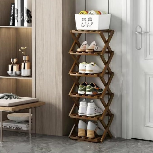 6 Tier Foldable Shoe Rack, Bamboo Vertical Shoe Organizer Tall for Multifunctional Narrow Shoe Shelf for Entryway, Closet, Corner, Bedroom, Hallway(Brown)