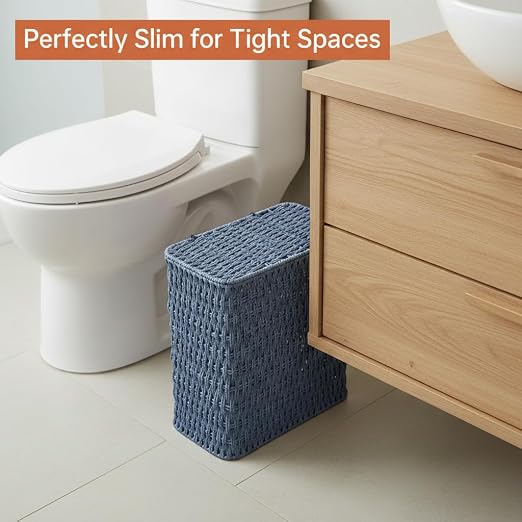 Coeusy 3 Gallon Paper Rope Bathroom Trash Can,Small Wicker Trash Cans with Lid and Liner,Woven Rattan Narrow Waste Basket for Bedroom,Office,Blue