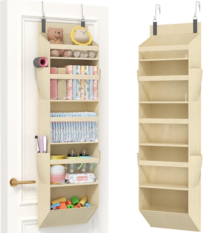 Lifewit 1 Pack Over the Door Organizer, Clear Window Hanging Storage with 4 Side Pockets, Anti Tilt 40 lbs Load Behind Door for Pantry, Nursery, Bathroom, Bedroom, Dorm, 5 Section, Beige