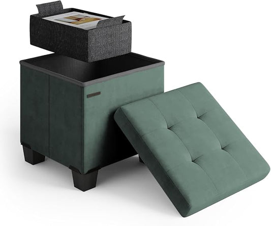 Storage Ottoman Cube with Small Bin, 15-in Square Ottoman with Storage for Living Room and Bedroom, Small Ottomans Foot Rest, Velvet Foot Stools Ottomans Max 330lbs, Green