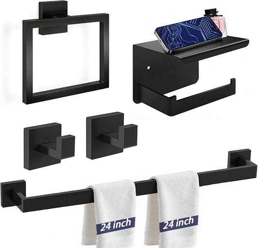 24 Inch Stainless Steel Bathroom Towel Bar Set | 5-Pieces Matte Black Towel Rack Set Bathroom Hardware Set with Toilet Paper Holder with Shelf, Bathroom Accessories Set
