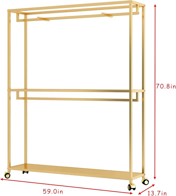TIEOU Gold Clothes Racks Free-Standing, Gold Clothing Rack with Shelves for Boutiques, Heavy Duty Garment Rack for Hanging Clothes, Large Wardrobe Closet(Only One Shelf)