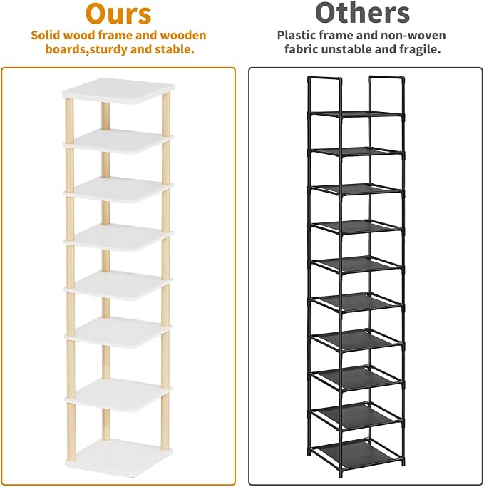 8 Tiers Vertical Shoe Rack, Tall Narrow Shoe Tower, Corner Shoe Rack, White | Small Shoe Organizer for Entryway, Closet, Dorm & Small Spaces, Freestanding Wooden Shoe Shelf for Boots, Sneakers, Heels.