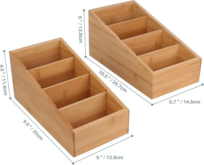 HTB 4-Section Snack Organizer with Removable Dividers for Kitchen 2 Pack | Bamboo Pantry Storage Organization for Spice Packets, Seasoning Pouches, Coffee Pods,Food,Drawer Countertop,Easy Access
