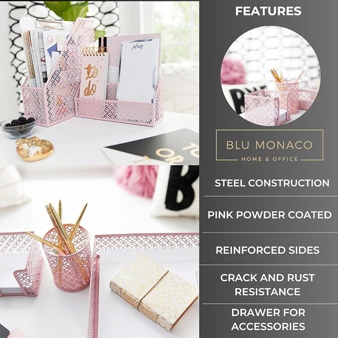 BLU MONACO Pink Desk Organizer Set | 6-Piece Metal Desktop Accessories | Mail Sorter Organizer Countertop | Letter Sorter for Desk | Mesh Pen Holder | Home Office or Dorm
