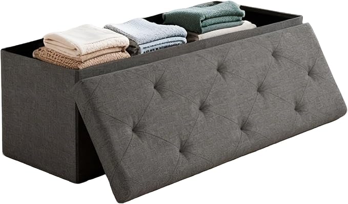 30 inch Storage Ottoman Bench, 30 inch Folding Storage Bench Ottoman, for Bedroom, Living Room, and Utility Room, Grey (30'' W)