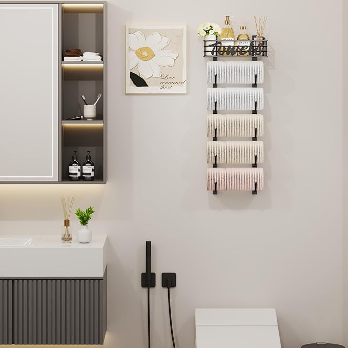 SWTYMIKI Hanging Towel Racks for Bathroom - 6 Tier Over The Door & Wall Mounted Bath Rolled Towel Storage Organizer Holder for Small Bathroom, RV, Camper, Black (Patented)