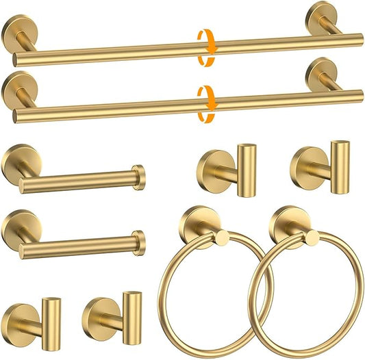 Brushed Gold Towel Bar Set 10 Pieces Round Bathroom Hardware Set Includes 23.6in Towel Bar Towel Ring Toilet Paper Holder Towel Hooks Stainless Steel Wall-Mounted Bathroom Towel Holder Set