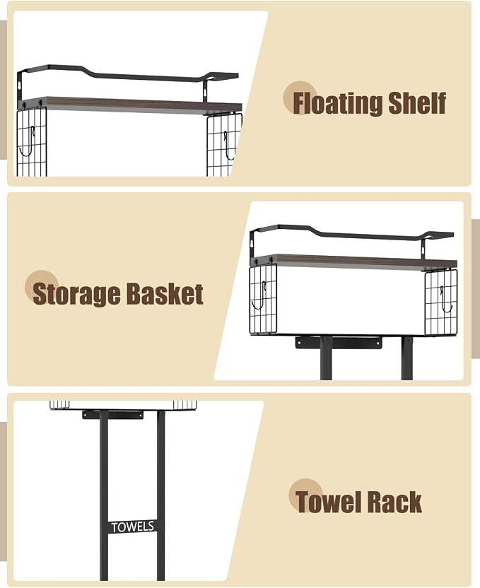 Large Towel Rack & Bathroom Towel Holder - Wall Mounted Metal Rack with Wooden Floating Shelf, Small Bathroom Towel Storage, Easy Holds 6 Large Rolled Towels, Black with Brown Plank