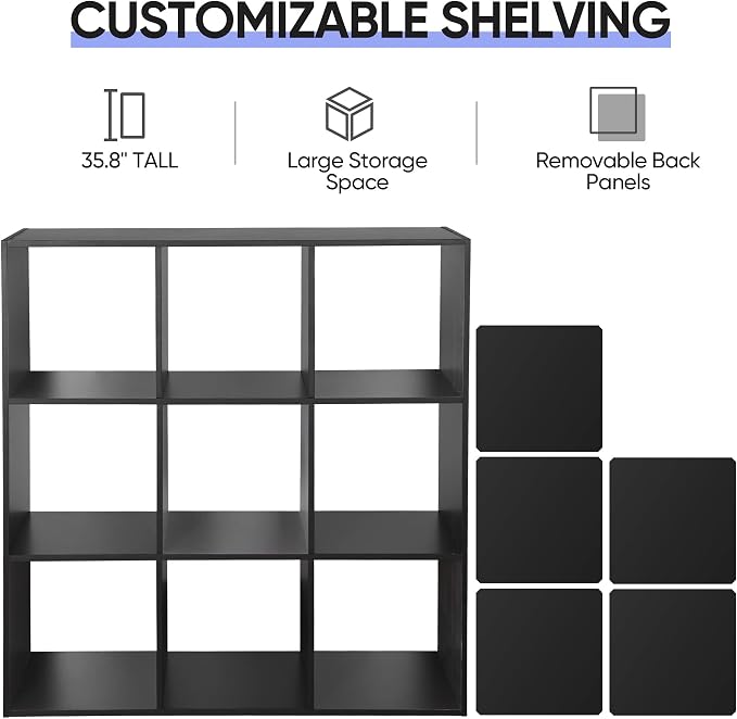 JupiterForce 9 Cube Storage Organizer Wooden Display Shelf W/ 5 Removable Back Panels, Customizable Bookcase Bookshelf for Home, Office, Bedroom and Living Room (Black)