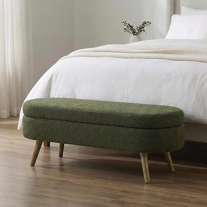 43.5” Storage Ottoman Bench，Upholstered Oval End of Bed Bench for Bedroom | Modern Linen Ottoman with Storage, Entryway Foot Rest with Wooden Legs, Lift-Top Lid with Safety Hinge, Living Room, Green