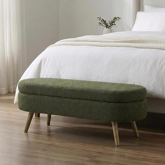 43.5” Storage Ottoman Bench，Upholstered Oval End of Bed Bench for Bedroom | Modern Linen Ottoman with Storage, Entryway Foot Rest with Wooden Legs, Lift-Top Lid with Safety Hinge, Living Room, Green