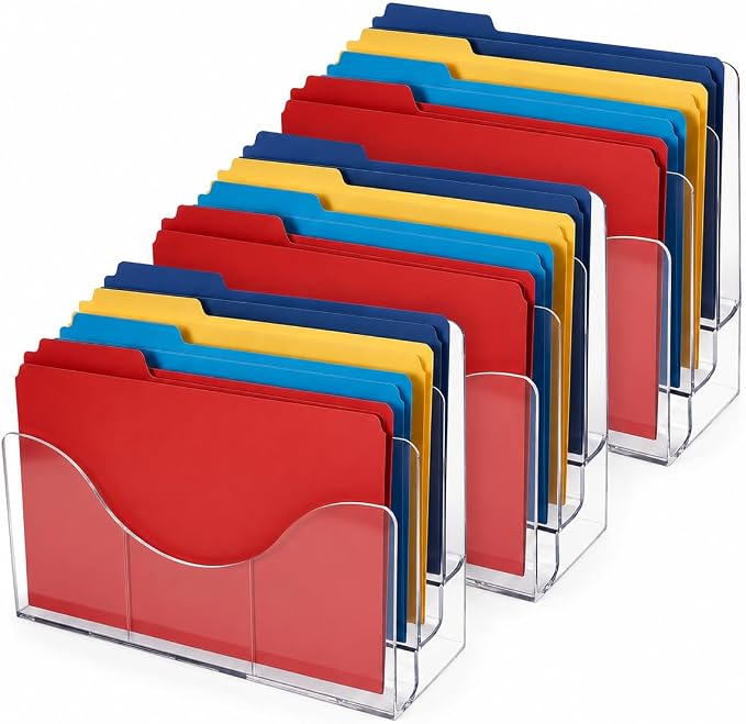 Azar Displays 250099-3PK Three Tier File and Brochure Desktop Wall Organizer Holder with Dividers brochure display stand acrylic file holder, Clear , 3-Pack