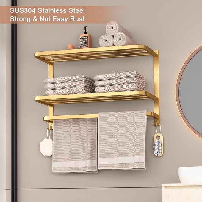 23 Inch 3-Tier Gold Towel Racks for Bathroom with Towel Bars Multilayer Hotel Towel Shelf Stainless Steel Wall-Mounted Brushed Finish Holder with Towel Shelves