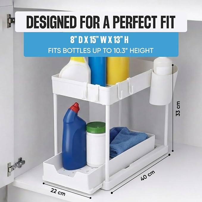 Undersink Organizer, 2-Tier Under Sink Storage Rack with Sliding Drawers for Kitchen Bathroom Cabinets, Pull Out Organizer for Pantry, Laundry Room & Closet Organization - 1 Pack, White