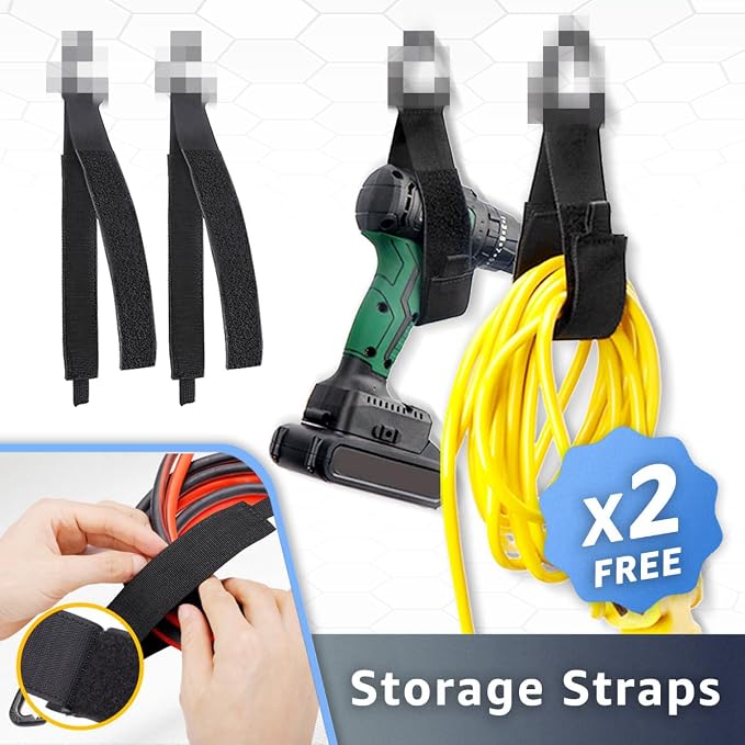 COCOYA Garage Hooks 11.8" Long with 2 Extension Storage Straps (4 Pack) | Interlocking Design, Wave-Shaped, Heavy Duty, Hanging Ladder Shovel Bike Garden Tool, For Shed Yard Garage, Black