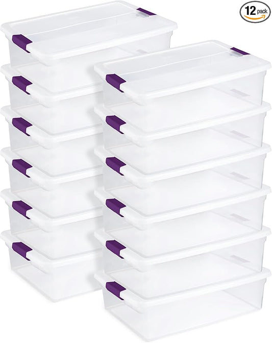 Sterilite ClearView Latch Boxes, Storage Bins with Lids, 32 Quart, 12-Pack | Clear Plastic Organizers with Color Accent Latches for Closet, Bedroom, Shelving Units, Dorm Room and Home Organization