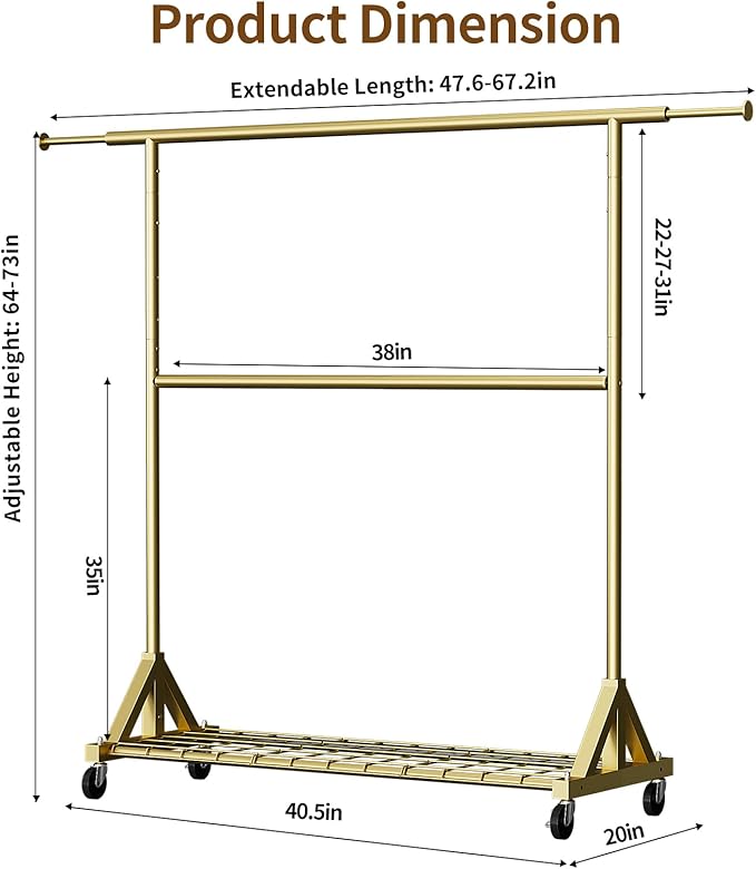 Luxspire Heavy Duty Clothes Rack with Lockable Wheels Load 600 LBS, Gold | Double hanging rods, heavy-duty iron mesh frame, adjustable extendable rods, ideal for laundry room & bedroom garment storage