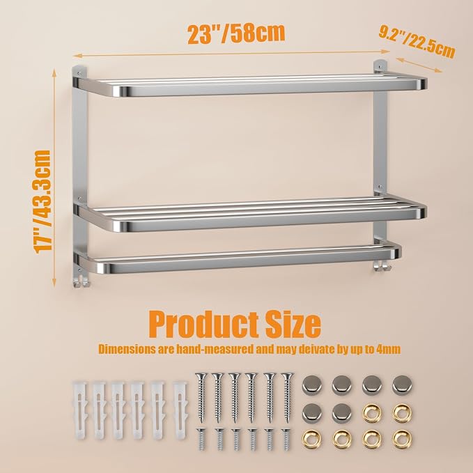 23 Inches 3-Tier Towel Racks for Bathroom with Towel Bars Multilayer Hotel Towel Shelf Stainless Steel Wall-Mounted Brushed Finish Holder with Towel Shelves