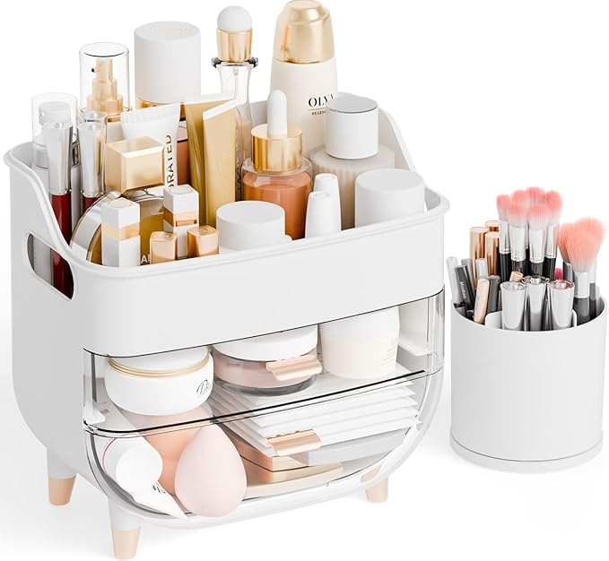 White Make up Organizer for Countertop,Vanity,Large Capacity Bathroom Makeup Skincare Organizers With Brush Holder,Makeup Storage Organizer for Lotion,Beauty Products,Skin Care,Makeup Display
