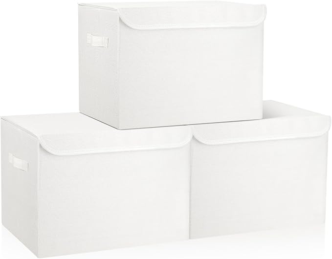 Bagnizer Large 17" 42 Quarts Collapsible Stackable Storage Bins with Lids [3-Pack] Foldable Fabric Linen Storage Boxes Cube, Closet Organizer Baskets with Label (16.7 x 12 x 12, White)