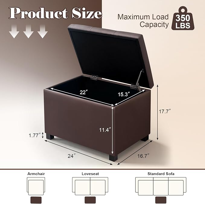 24" Leather Storage Ottoman Bench, Rectangle Foot Rest Stool for Living Room, Bedroom, Entryway, Brown