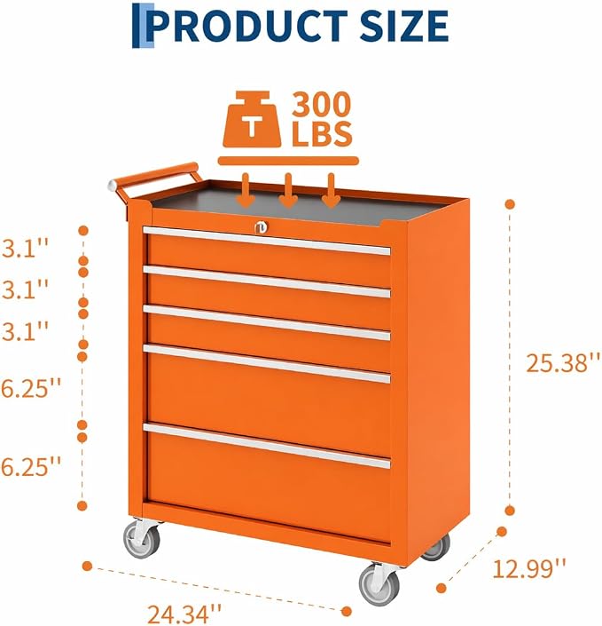 Garvee Rolling Tool Chest, 5 Drawers Tool Storage Cabinet, Toolbox with Wheels, Portable Tool Cabinet Organizer with Locking System & Drawer Liners, Tool Storage Cart for Garage, Workshop, Orange