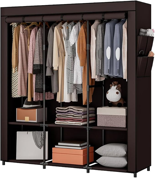 SORCEDAS Portable Closet Wardrobe with Hanging Rods Shelves Clothes Storage | 50 Inch Closet Organizers and Storage with Non-Fabric Cover,Freestanding Clothes Closet for Bedroom,dorm,Storage Rooms Coffee