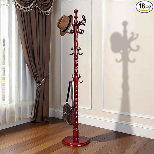 Coat Rack Freestanding, Wooden Coat Rack Stand with Sturdy Round Base, Vintage Coat Racks with 18 Hooks, Coat Hanger Stand for Entryway, Hallway,Bedroom (Reddish brown)