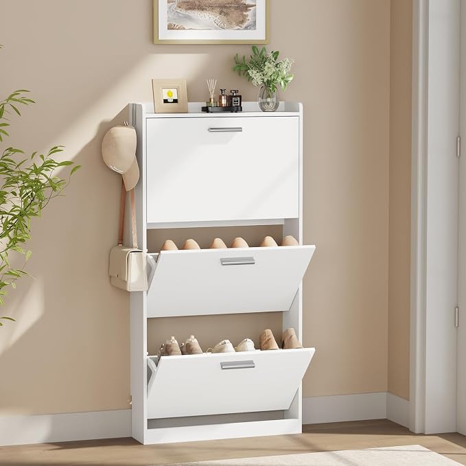 Slim Shoe Cabinet with 3 Flip Drawers,Narrow Shoe Rack 23.6" W White | Freestanding shoe storage cabinet for entryway,foyer and hallway,slim design and space-saving flip drawers