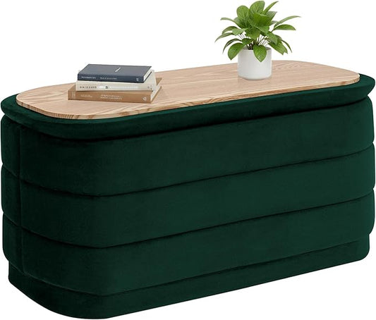 B FSOBEIIALEO Velvet Storage Ottoman with Tray, Folding Ottoman with Storage Coffee Table Shoes Bench for Dorm Room, Living Room Bottle Green, 30"x15"x15"