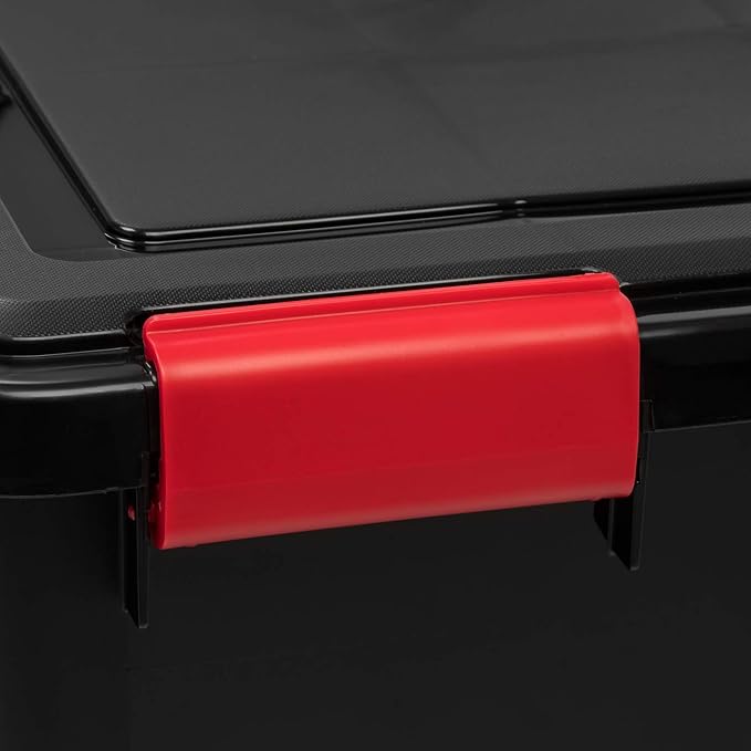 IRIS USA 4-Pack 31 Qt Storage Bins with Gasket Lids, Black/Red | WeatherPro seal protects everyday essentials in closets, offices and laundry rooms