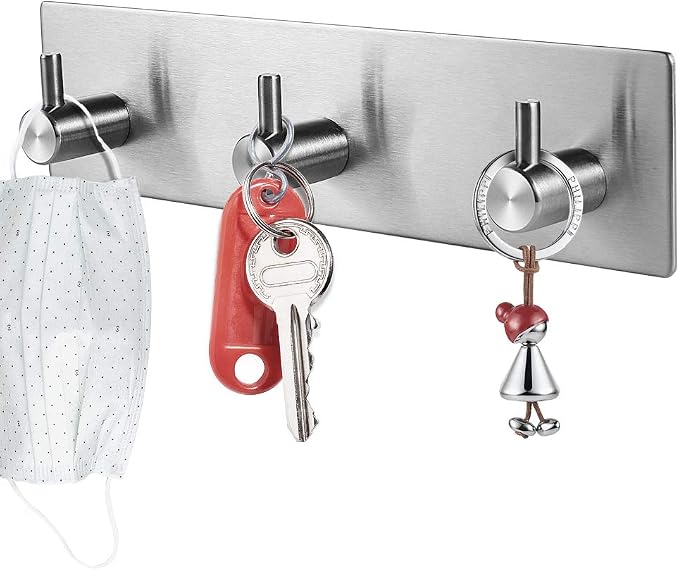 Picowe Key Holder for Wall Decorative, Adhesive Stainless Steel Key Hooks, Key Hanger Key Organizer for Wall, Towel Hook Coat Hanger for Entryway Hallway Kitchen(Three Rows,Sliver 1PCS)