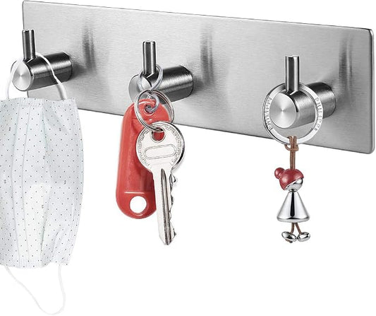 Picowe Key Holder for Wall Decorative, Adhesive Stainless Steel Key Hooks, Key Hanger Key Organizer for Wall, Towel Hook Coat Hanger for Entryway Hallway Kitchen(Three Rows,Sliver 1PCS)