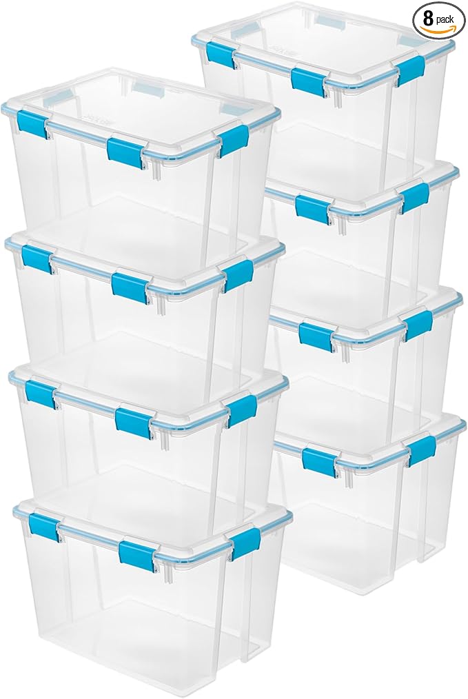 Sterilite Gasket Storage Box with Lids for Home & Office, 80 Quart, 8-Pack | Heavy-Duty, Stackable, and Organizing Containers for Bathroom, Cabinet, Closet, and Garage, Clear and Blue Aquarium Latches