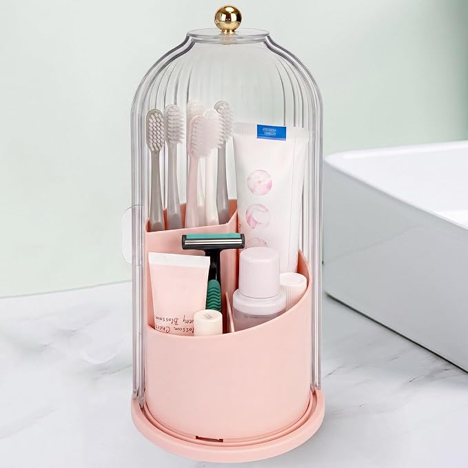 QIYVLOS Toothbrush Holders with Sliding Lid, Rotating 3 Slots Bathroom Organizer Countertop, Tooth Brush Toothpaste Holder Bathroom Counter Stand Sink Organizer Caddy for Makeup Brushes Holder (Pink)