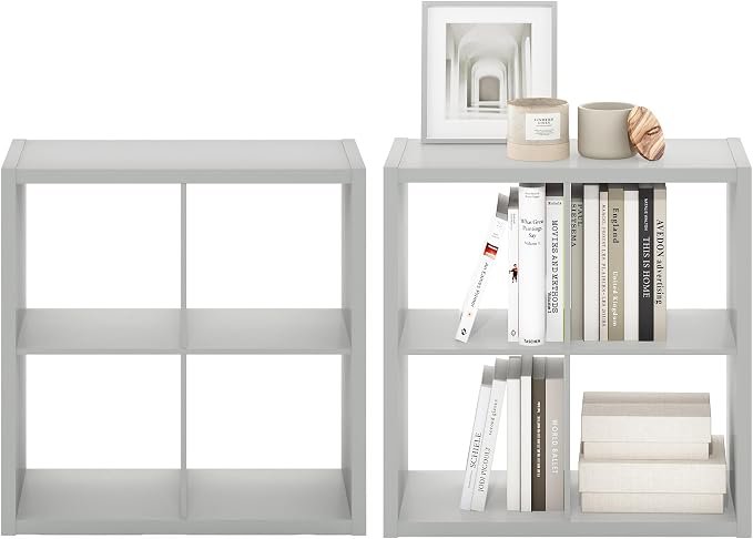 Furinno Cubicle Book Shelf Set of 2, 4-Cube Bookshelf, Light Grey | 14.6 x 30 x 30, 1.2" Thick Frame Bookcase with Reversible Open Back, for Living Room, Bedroom, Home Office