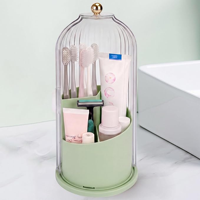 QIYVLOS Toothbrush Holders with Sliding Lid, Rotating 3 Slots Bathroom Organizer Countertop, Tooth Brush Toothpaste Holder Bathroom Counter Stand Sink Organizer Caddy for Makeup Brushes Holder (Green)