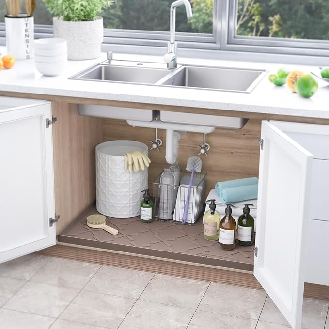 SIKADEER Waterproof Under Sink Mat Food-Grade Kitchen Shelf Liner 19" x 19" | Thick Raised Edge Cabinet Protector, BPA Free Kitchen Organizer and Storage, Non-Slip Dog & Cat Mat, Silicone Drying Mat