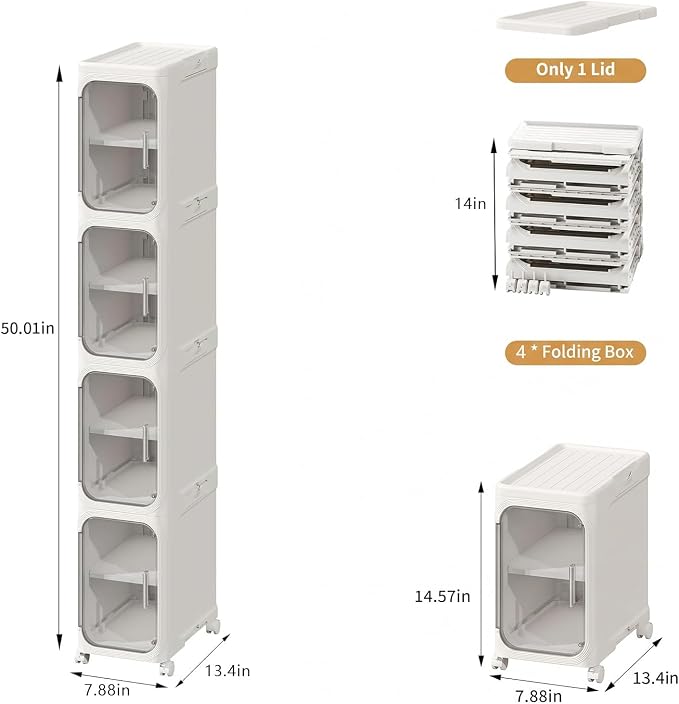 Narrow Slim Bathroom Storage Cabinet with Wheels, 4-Tier White | Tool Free Assembly, Adjustable Shelves, Fits for Narrow Spaces, Reinforced Stability, Magnetic Clear Door