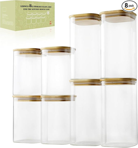 LIBWYS 8-Pack Glass Pantry Storage Jars with Bamboo Lids (1.22Qt/1.67Qt) | Stackable Square Food Containers for Pantry Organization, Coffee, Flour, Snacks, Tea, Sugar | Dry Food Kitchen Canisters Set