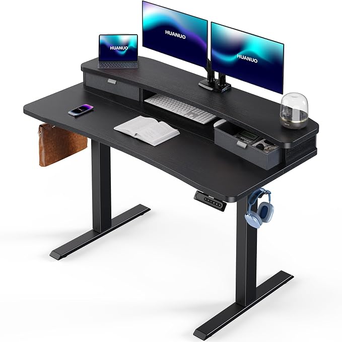 HUANUO 48″ x 28″ Electric Standing Desk with 2 Drawers, C-Clamp Mount Compatible, Height Adjustable Computer Desk, Home Office Stand Up Desk with 4 Preset Heights & 2 Hooks, Black